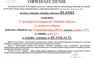 Obwieszczenie o zwołaniu zebrania wiejskiego sołectwa BLANKI