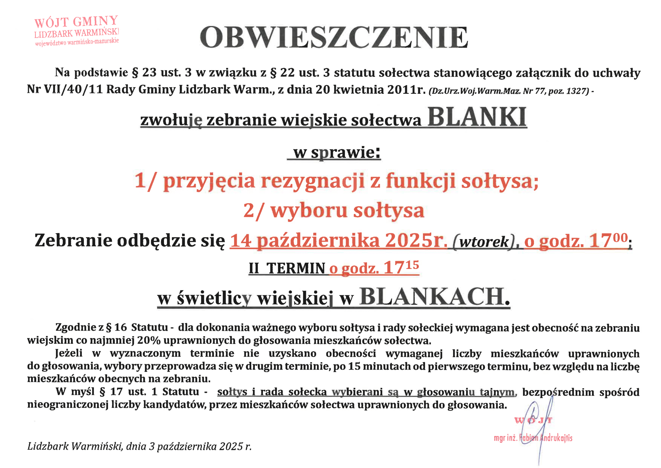 Obwieszczenie o zwołaniu zebrania wiejskiego sołectwa BLANKI