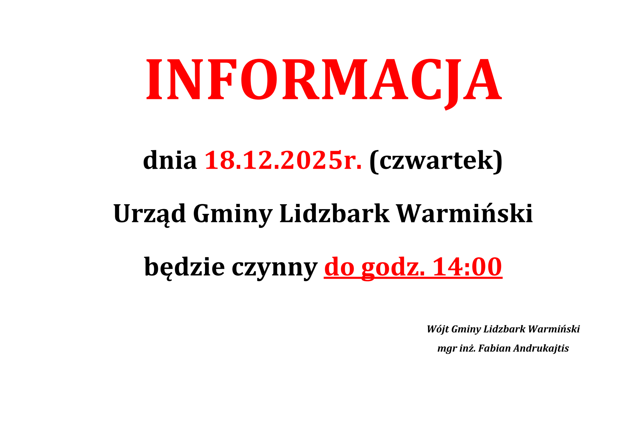 Informacja skrócony czas pracy